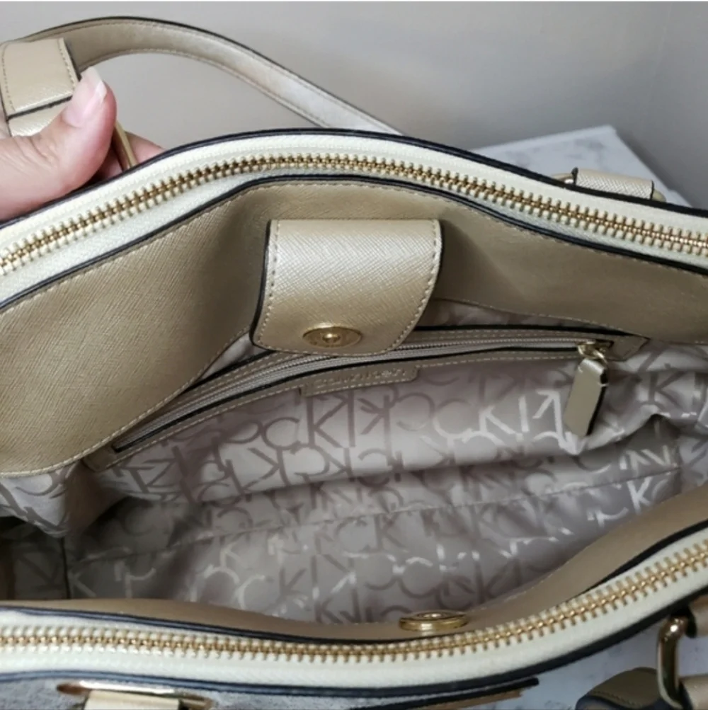 Calvin Klein Large Almond Monogram Satchel - Like New | Metallic Gold & Cream